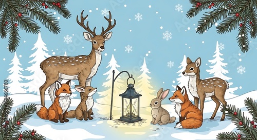 Winter woodland scene with deer, foxes, rabbit, and a lantern in a snowy forest