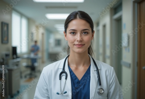 Medical worker in a gown with a stethoscope in a clinical setting	