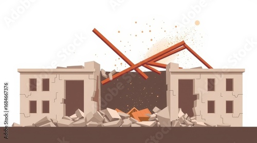 Destruction of abandoned buildings with debris and falling materials on construction site