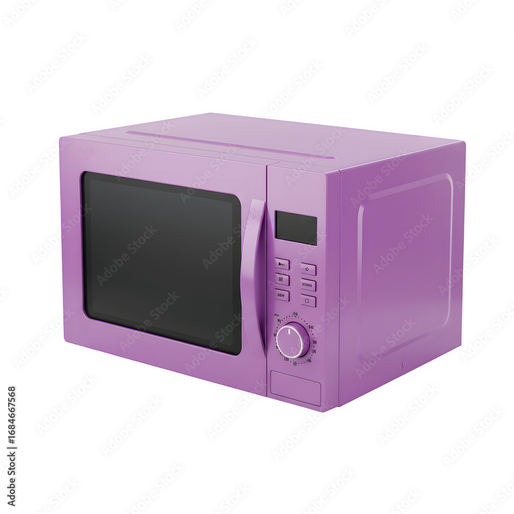 Fototapeta premium Stylish purple microwave oven isolated on white background, modern kitchen appliance, perfect for cooking, heating, and interior design concepts.
