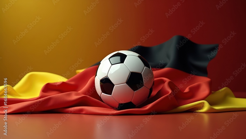 Naklejka premium Soccer ball resting on German flag with vibrant colors in background