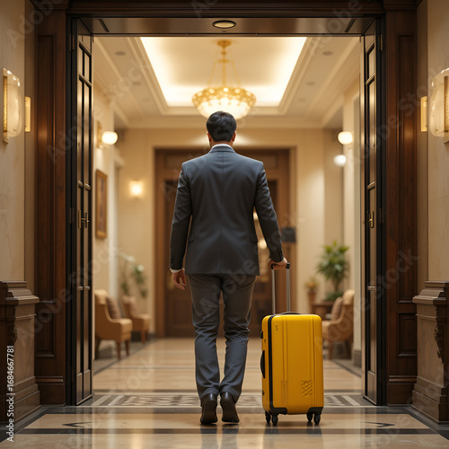 An Indian man going to the hotel with a yellow suitcase.