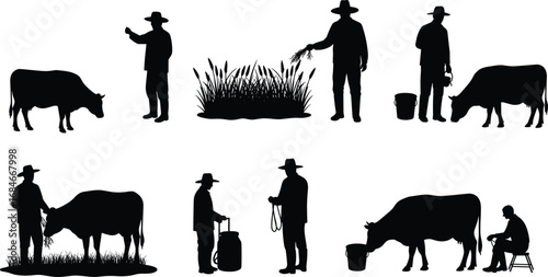 Silhouettes of farmers feeding, tending, and milking cows, standing near grass and buckets, rural livestock care and farm life.