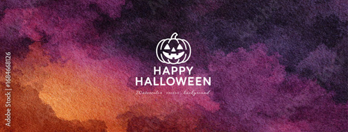 Spooky watercolor Halloween background with dark purple and orange gradient and a creepy pumpkin icon. Perfect for party invitations, posters, banners, social media, and seasonal designs.
