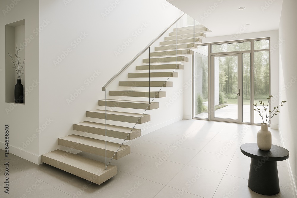 Fototapeta premium Minimalist modern staircase in bright interior with glass railing and large windows in a serene architectural space with natural light concept. Ai generative
