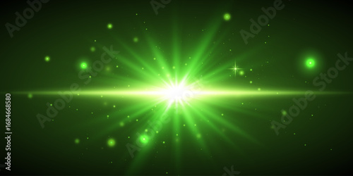 Bright green light flashes with shining rays and sparks against a dark background.