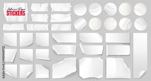 Set of adhesive paper sticker, torn sticky business note, pvc sheet, glued plastic scotch tape, ribbon strip and price tag with wrinkle and overlay texture. Glue label and cellophane banner mockup art