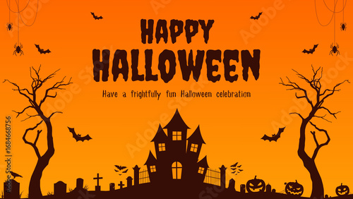 Spooky Halloween background featuring a haunted house, eerie fog, flying bats, and a glowing full moon, creating a chilling atmosphere for your Halloween-themed designs and projects.