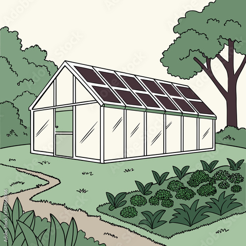 A charming illustration of a modern glass greenhouse with a pitched roof and solar panels surrounded by lush greenery and a garden bed