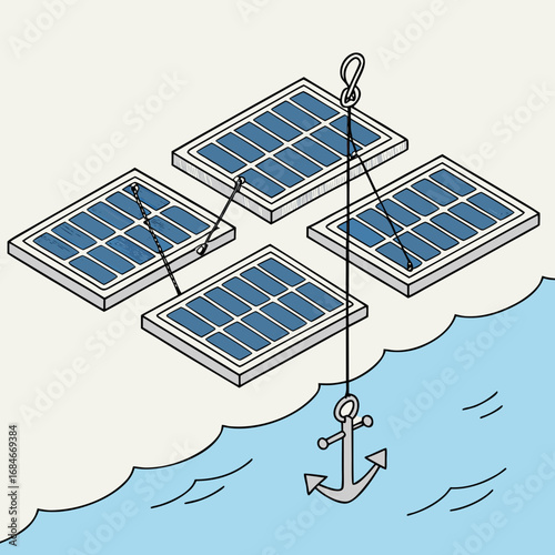 Floating solar panels anchored to the sea bed representing renewable energy stability and security