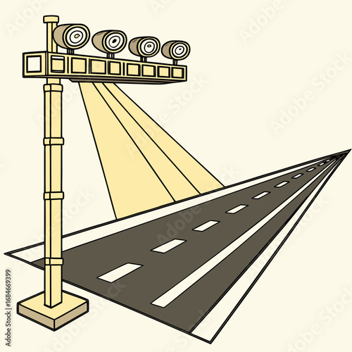 Illustrated overhead highway lights illuminating an empty asphalt road stretching into the distance