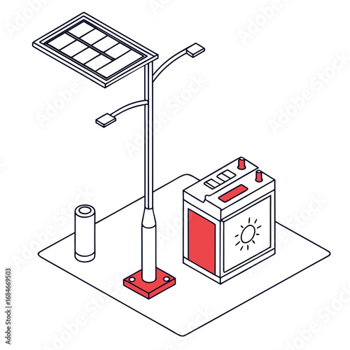 Isometric illustration of a solar powered street light system with battery storage and a cylindrical component