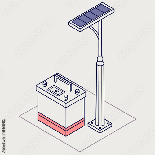 Isometric illustration of a solar panel street light with a connected battery storage unit on a light background