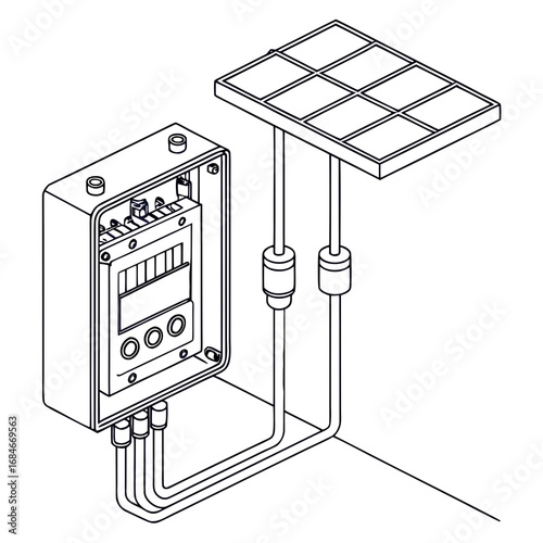 Isometric line drawing of a solar powered electronic control box with wires connected to a solar panel