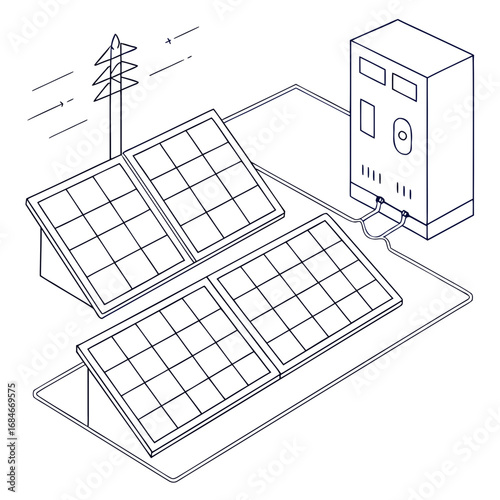 Isometric line drawing of a solar panel system connected to an inverter and a power pole with wind lines