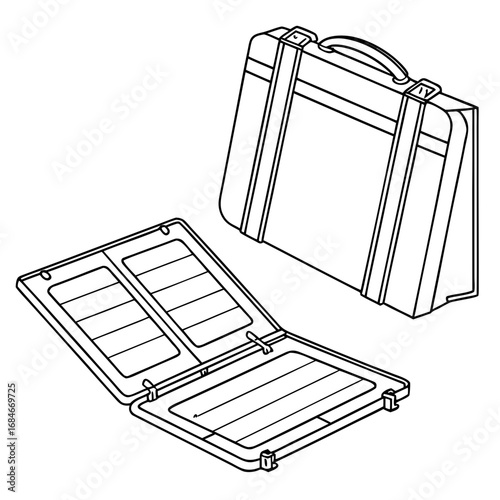 Open and closed outline illustrations of a briefcase with compartments for organizing documents or items