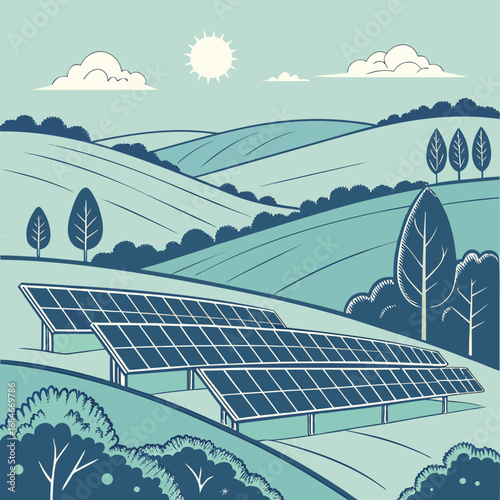 Stylized illustration of solar panels installed on rolling green hills under a bright sun and blue sky