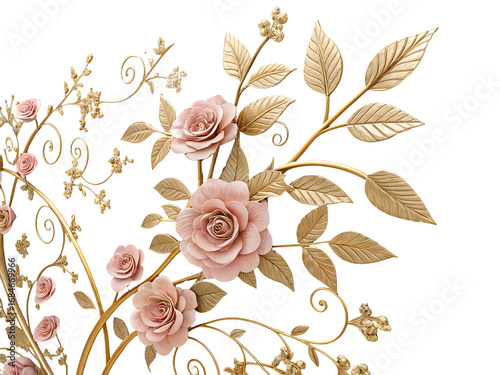 Pink roses and gold leaves ornate floral arrangement on black background image