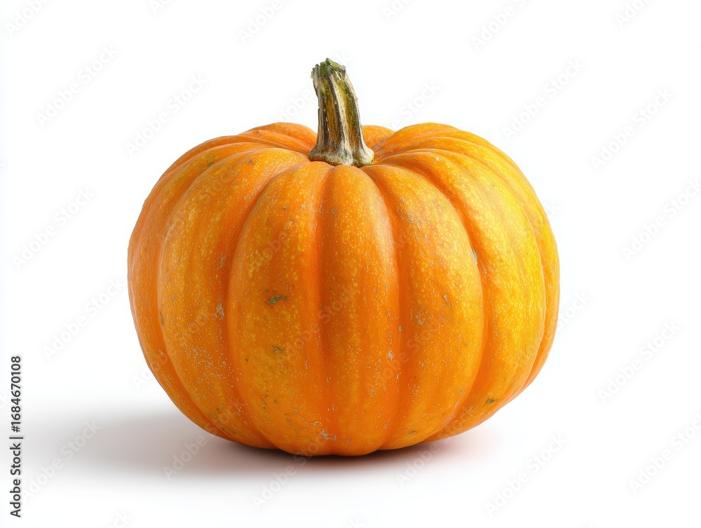 Fototapeta premium Single pumpkin front view on white background, minimalist still life photography for autumn themes and Thanksgiving designs