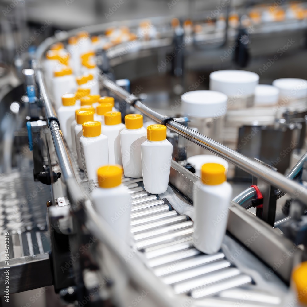 Fototapeta premium White bottles with yellow caps on a conveyor belt in a factory