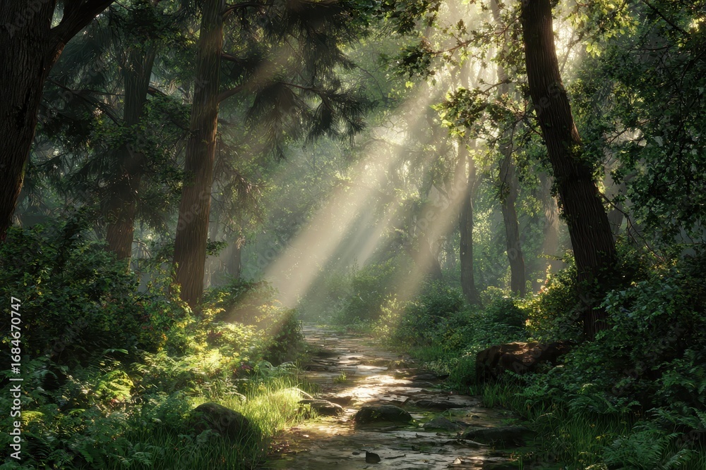 Fototapeta premium Mystical forest pathways reveal sunlight filtering through fog as nature awakens in serene beauty