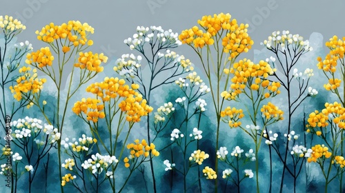 Dainty wildflowers forming a gentle border concept. Vibrant yellow and white flowers blooming against a soft background.