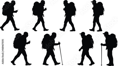 Silhouettes of hikers trekking with backpacks and walking sticks in outdoor adventure poses – nature, exploration, active lifestyle.