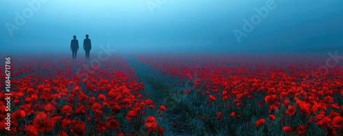 Red poppies displayed for remembrance day concept. Two figures walking through a foggy field of red flowers.