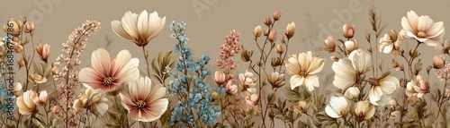Dainty wildflowers forming a gentle border concept. A beautiful array of delicate flowers in soft pastel colors.