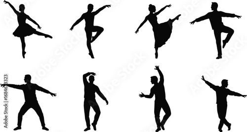 Silhouettes of male and female dancers performing elegant ballet and contemporary dance poses – artistic, graceful, dynamic movement.