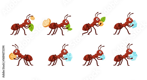 Energetic ants diligently carry food and crystals, showcasing teamwork and resourcefulness in nature scenes.