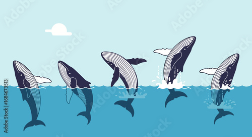 Majestic whales breaching ocean waves in a dynamic, vibrant marine display