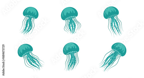 Six elegant teal jellyfish gracefully float and drift in a serene underwater scene, perfect for marine life themes.