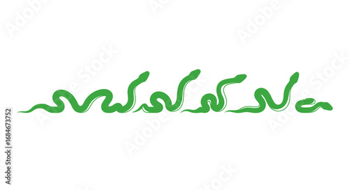 Vibrant green snakes slither in a playful, rhythmic pattern across a clean white space.