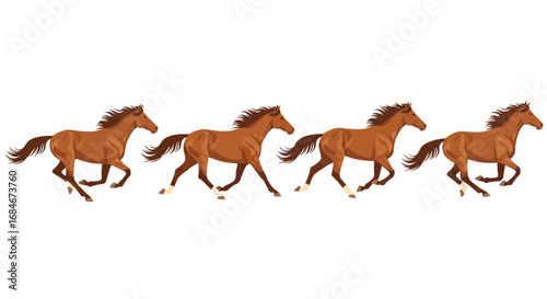 Dynamic herd of brown horses galloping powerfully across open field