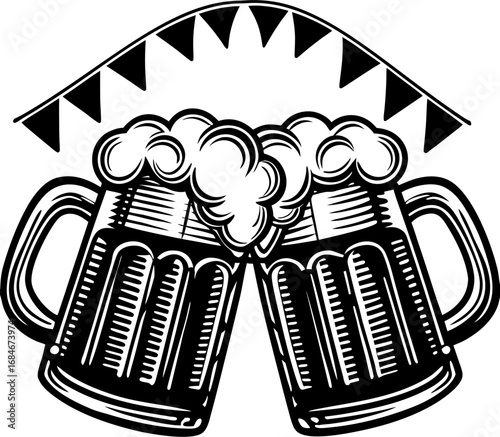 Cheers with Mug Beer Illustration: A black and white illustrated beer mug toasts featuring two overflowing mugs of frothy beer, their rims clinking together in celebration.