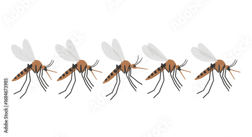 Five cartoon mosquitoes flying in a row, representing pest control and summer annoyance