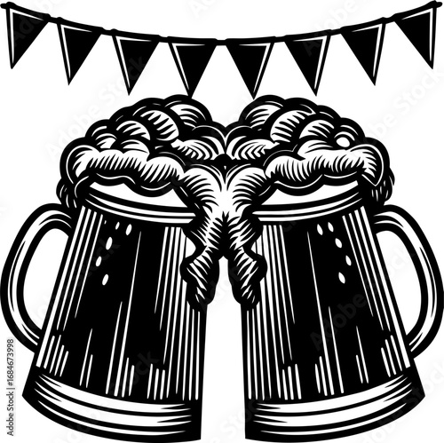 Cheers to the Brew: A stylized image captures the camaraderie of two overflowing mugs of beer, their foamy heads colliding in a jubilant toast beneath festive pennants.