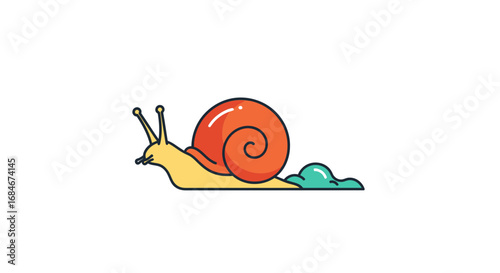 Charming yellow snail with bright orange shell leaves a glistening trail, perfect for nature or whimsical designs.