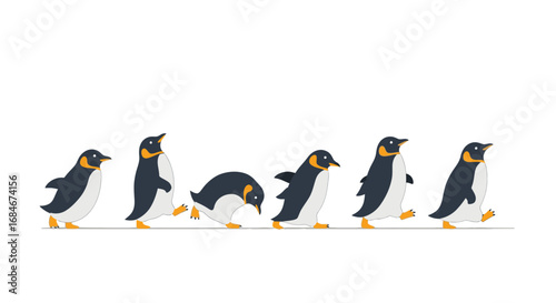Charming penguins waddle and march in a delightful sequence, showcasing movement and character.