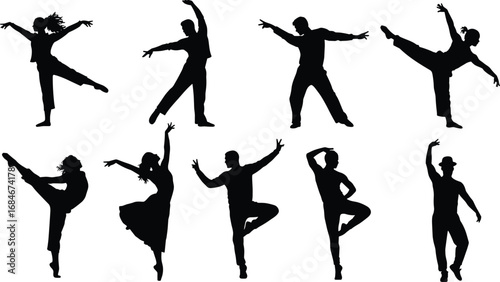 Silhouettes of male and female dancers performing ballet and modern dance poses – artistic, expressive movement, elegant stage choreography.