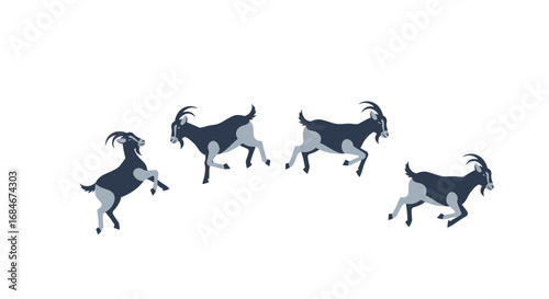 Dynamic herd of goats leaping and running with energetic movement and playful spirit