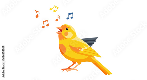 Chirping yellow canary with colorful musical notes fills the air with joyous melody and vibrant sound