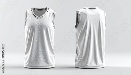 Realistic Rendering of a White Sleeveless Basketball Jersey, Front and Back View, Blank White Basketball Jersey with Black Trim for Mockup Templates