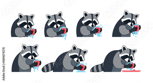 Adorable raccoon diligently washing a red object in flowing water creating a charming scene