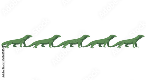 Five green Komodo dragons walk in a row, showcasing a natural, prehistoric theme.