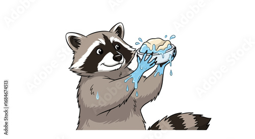 Playful raccoon washes food with water, bringing charm to any project with its cute, clean action.