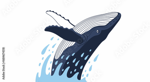 Majestic humpback whale breaches ocean surface amidst dynamic water splashes, evoking nature's power.