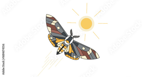 Vibrant moth flies towards warm sun with dynamic wing patterns and motion lines