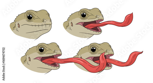 Bearded dragon heads showing tongue flicking action in multiple stages for dynamic biological illustration